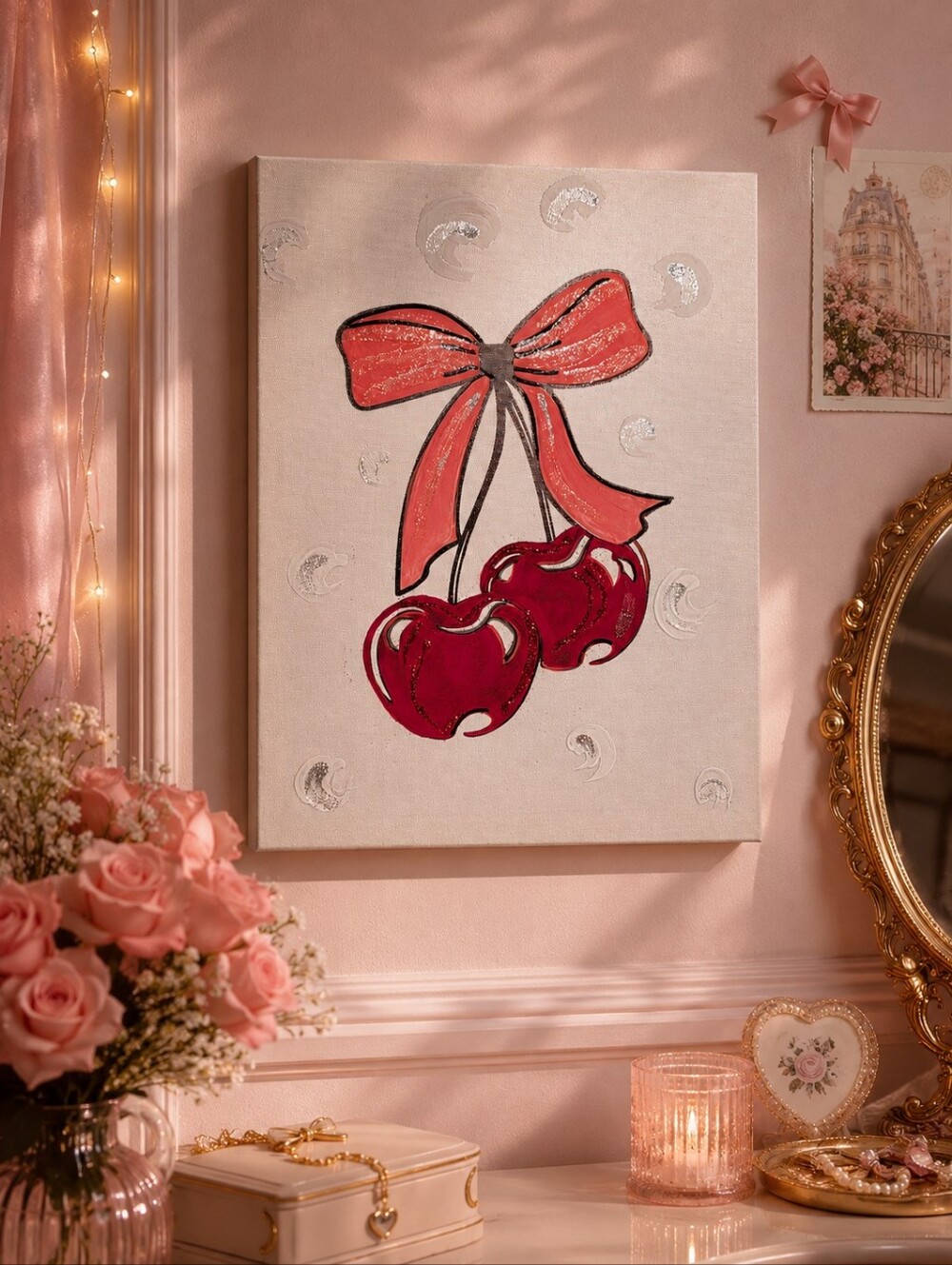 Hand-Embellished Cherry Bow Canvas Art | Girly Wall Decor | 15.5" x 11.5"